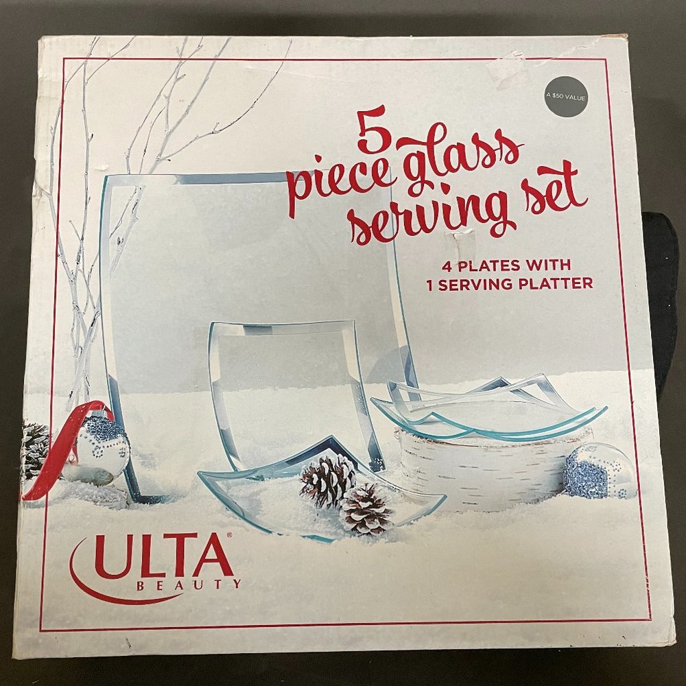 ULTA 5 Piece Glass Serving Set 4 Plates 1 Serving Platter Clear, Silver Edge NEW